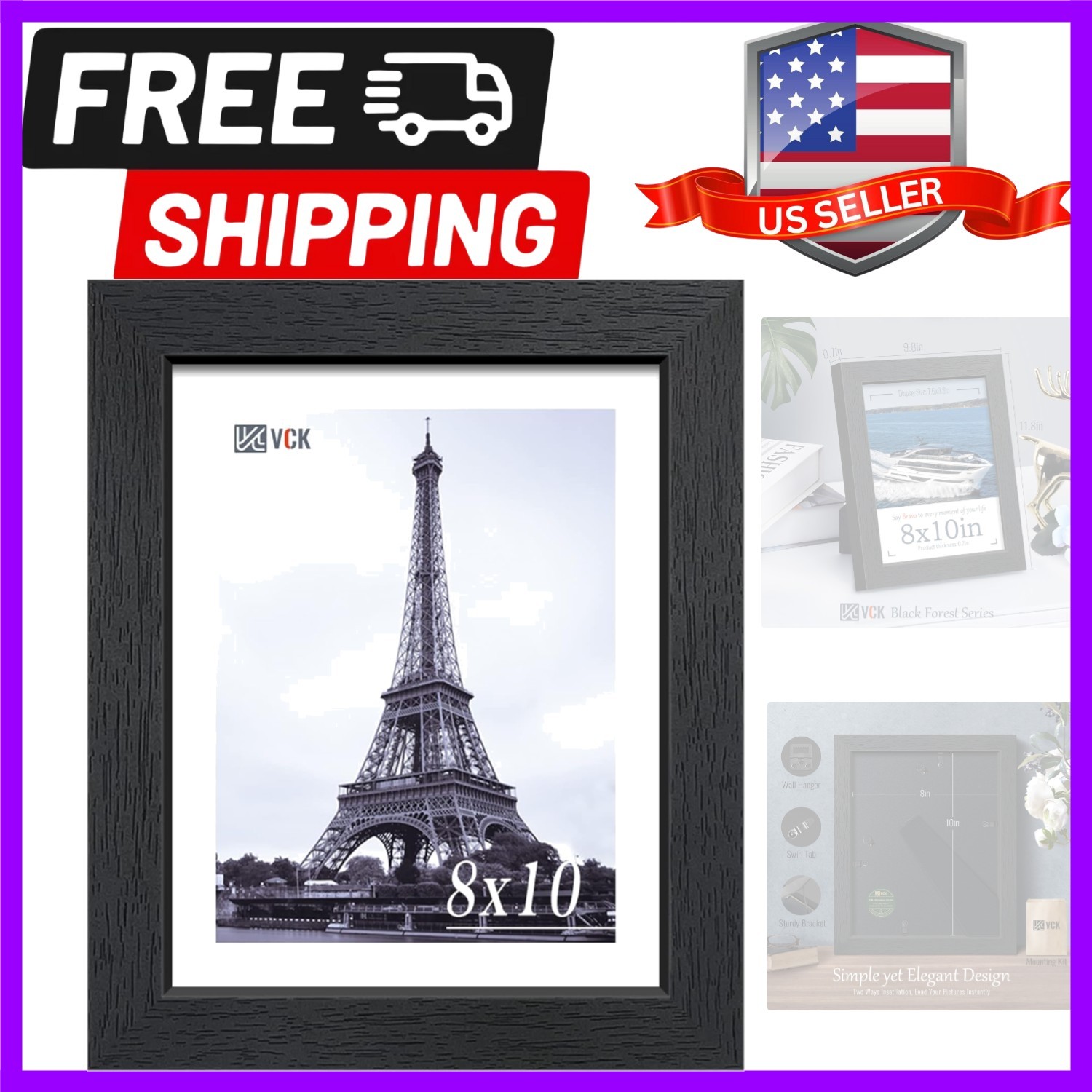 8×10 Picture Frame Black, Textured Wood 8 x 10 Frame for Wall or Tabletop, Di…