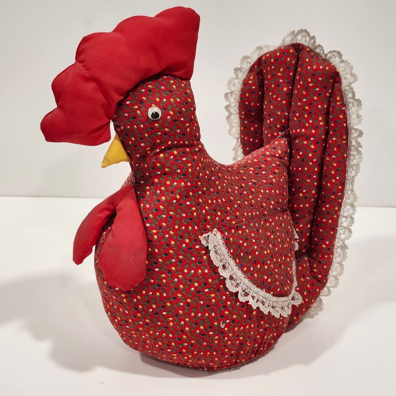 Vintage Handmade Rooster Plush Red Calico Floral Fabric Lace Farmhouse Decor 11&Prime;