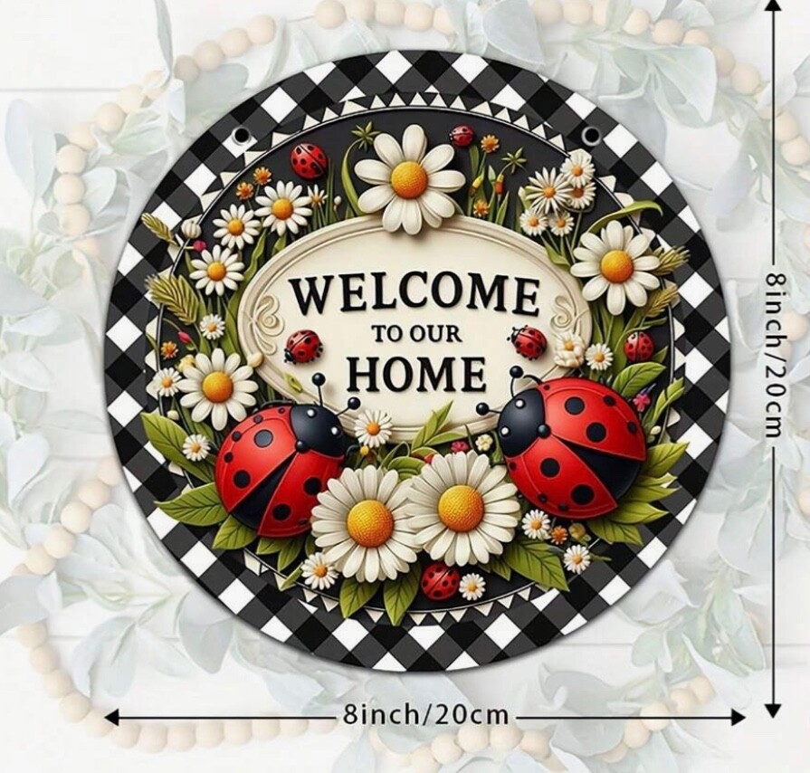 WELCOME Wooden Sign Wreath Center Spring Summer Lady Bug Daisy 8 x 8