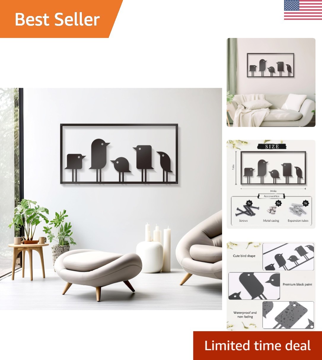 Stylish Metal Bird Wall Decor – 14.8” Landscape Art for Living Room & Bedroom