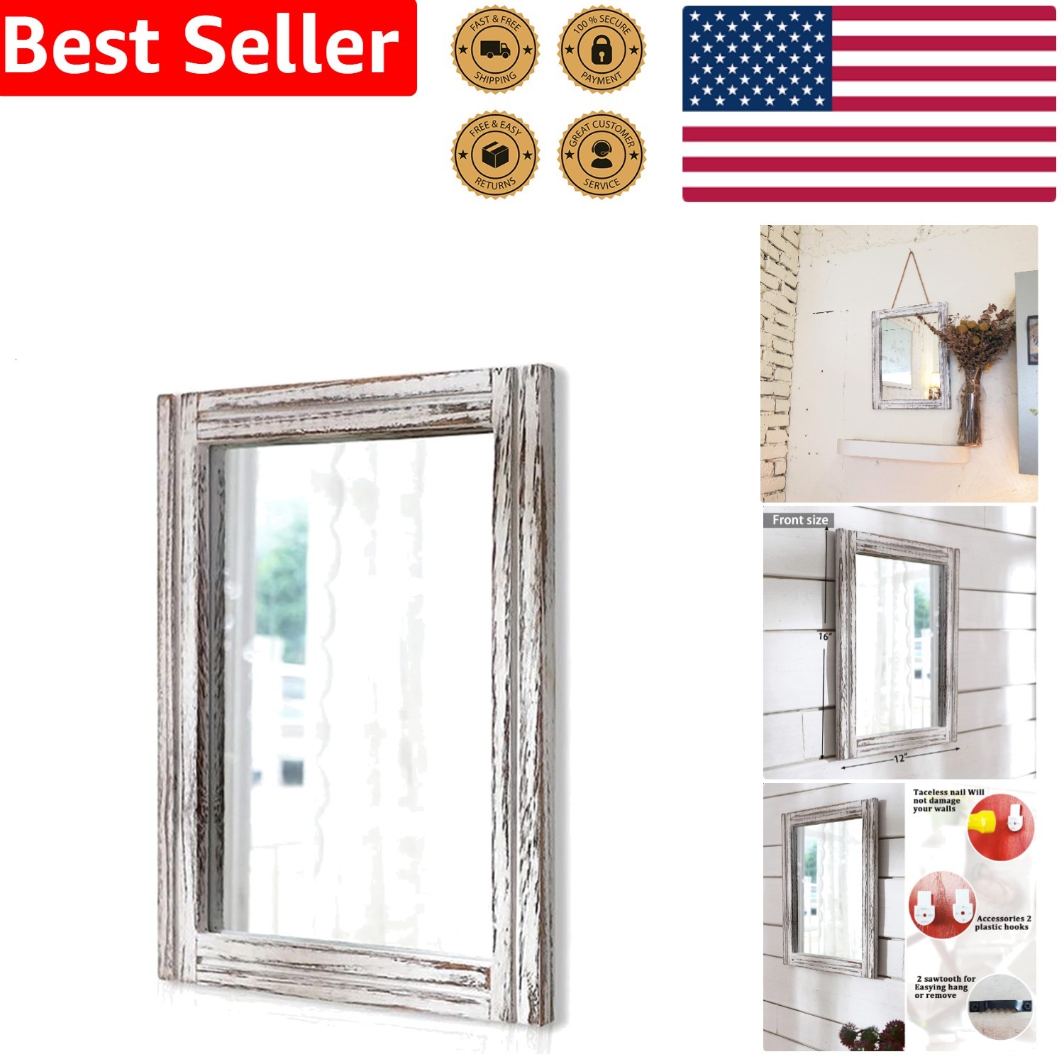Rustic White Wood Framed Wall Mirror – 16×12