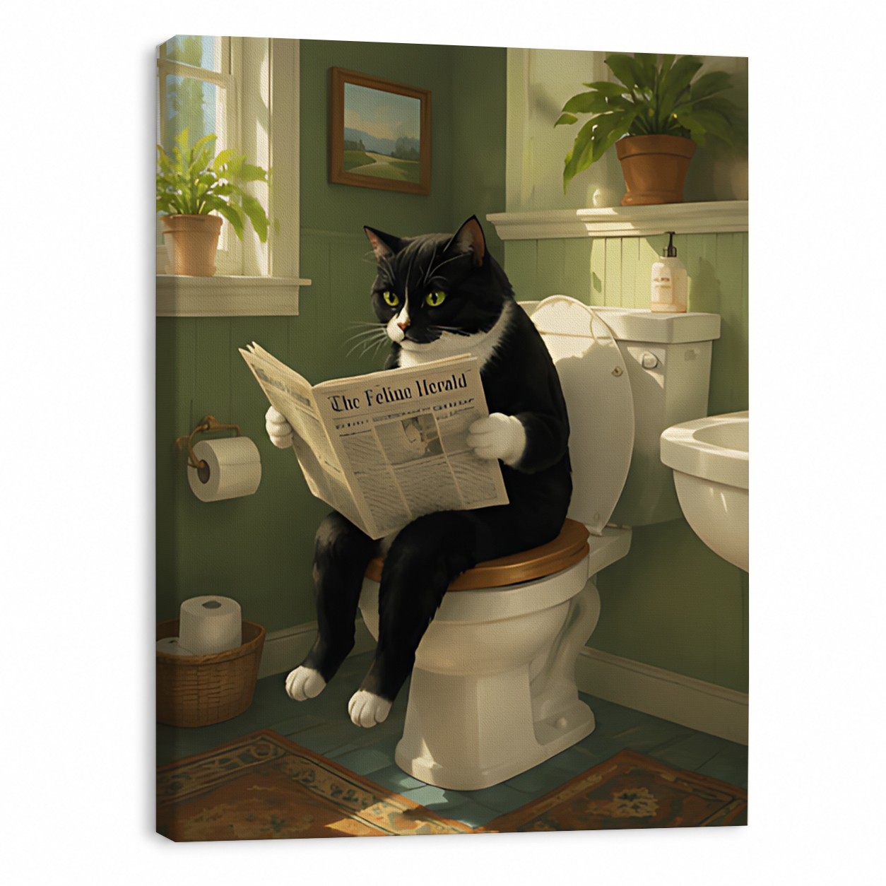 Funny Tuxedo Cat Reading Newspaper on Toilet Canvas Wall Art