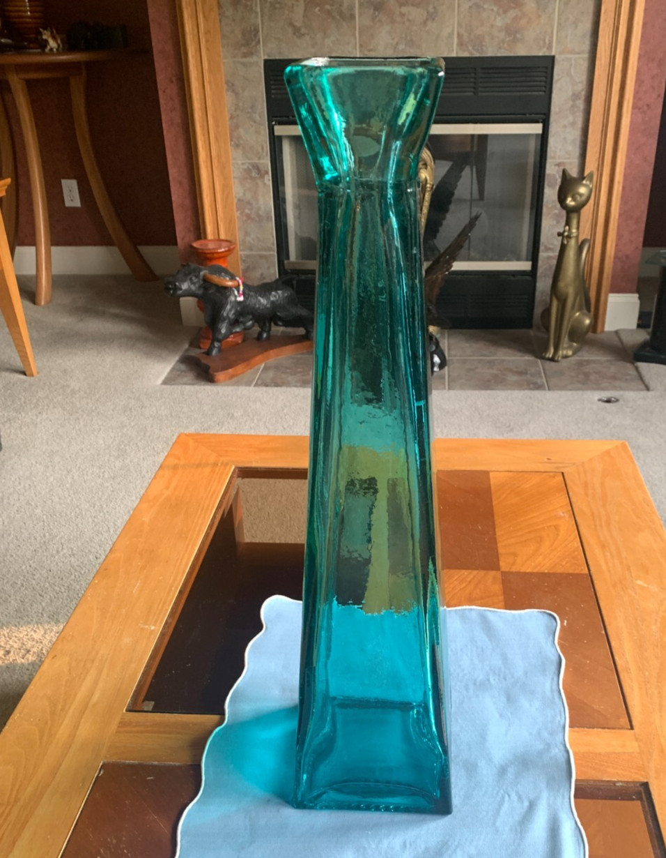 Teal Blue Floor Vase 21-inch-Tall Square Pyramidal Flower Vase – weighs 10 lbs.