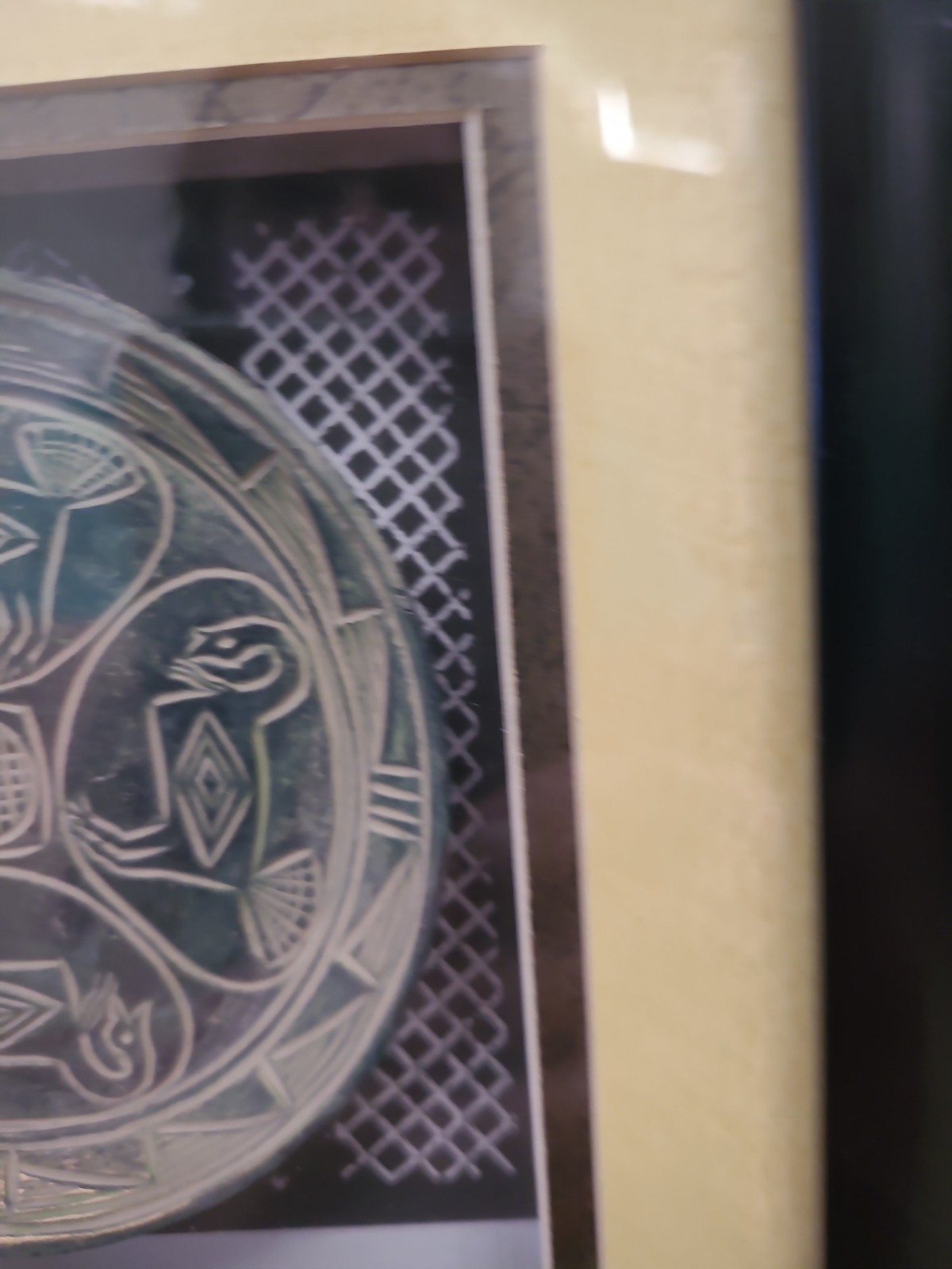 Framed with Matting & Glass ShadowBox Clay Plate Mayan/Aztec Design 8&Prime;Square
