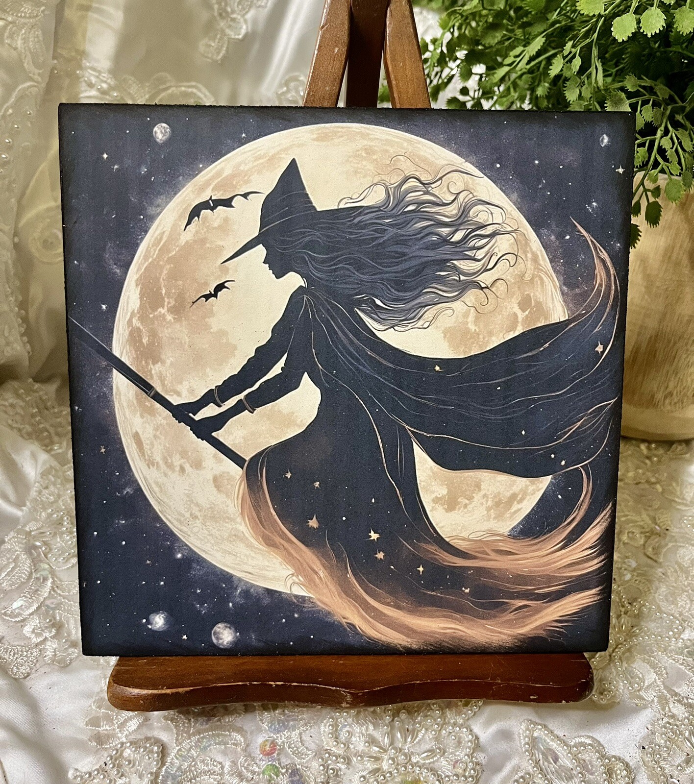 Witch, Full Moon, Broom Ride, Handcrafted Plaque / Sign 8×8 Square
