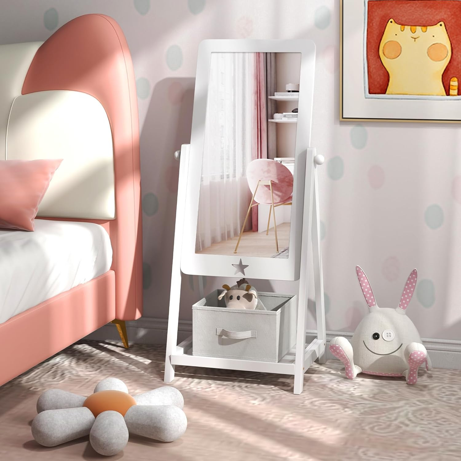 Adjustable Freestanding Kids Mirror with Storage Box for Shoes & Accessories