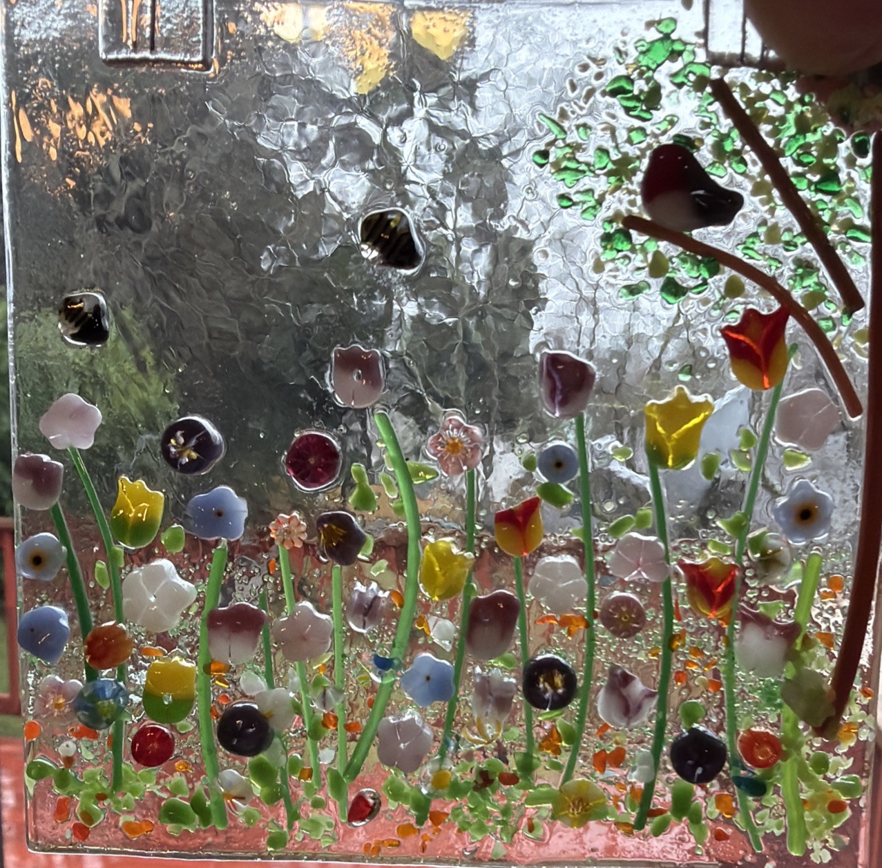 Fused Glass Handmade Square 4”x 4” Multicolor Sun Catcher Signed By Artist