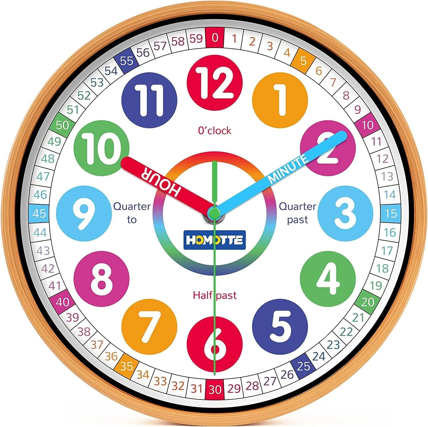 Homotte 10 Inch Kids Wall Clock, Multi-Colored Learning Clock for Kids | Round C