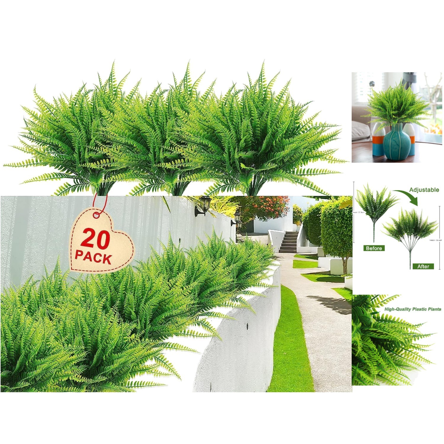 Luxurious 20-Piece Faux Boston Fern Set—Perfect for Indoor and Outdoor Elegance