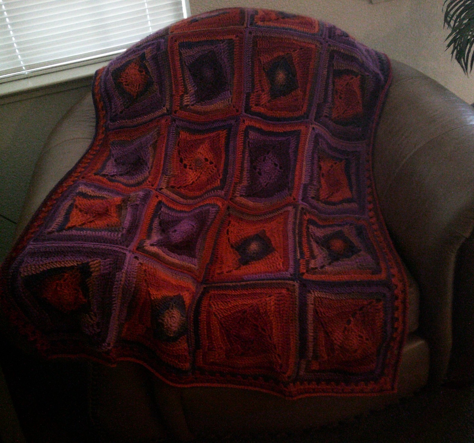 NEW HAND CROCHET RED PURPLE ORANGE MULTI COLOR SQUARES AFGHAN LAP BLANKET THROW