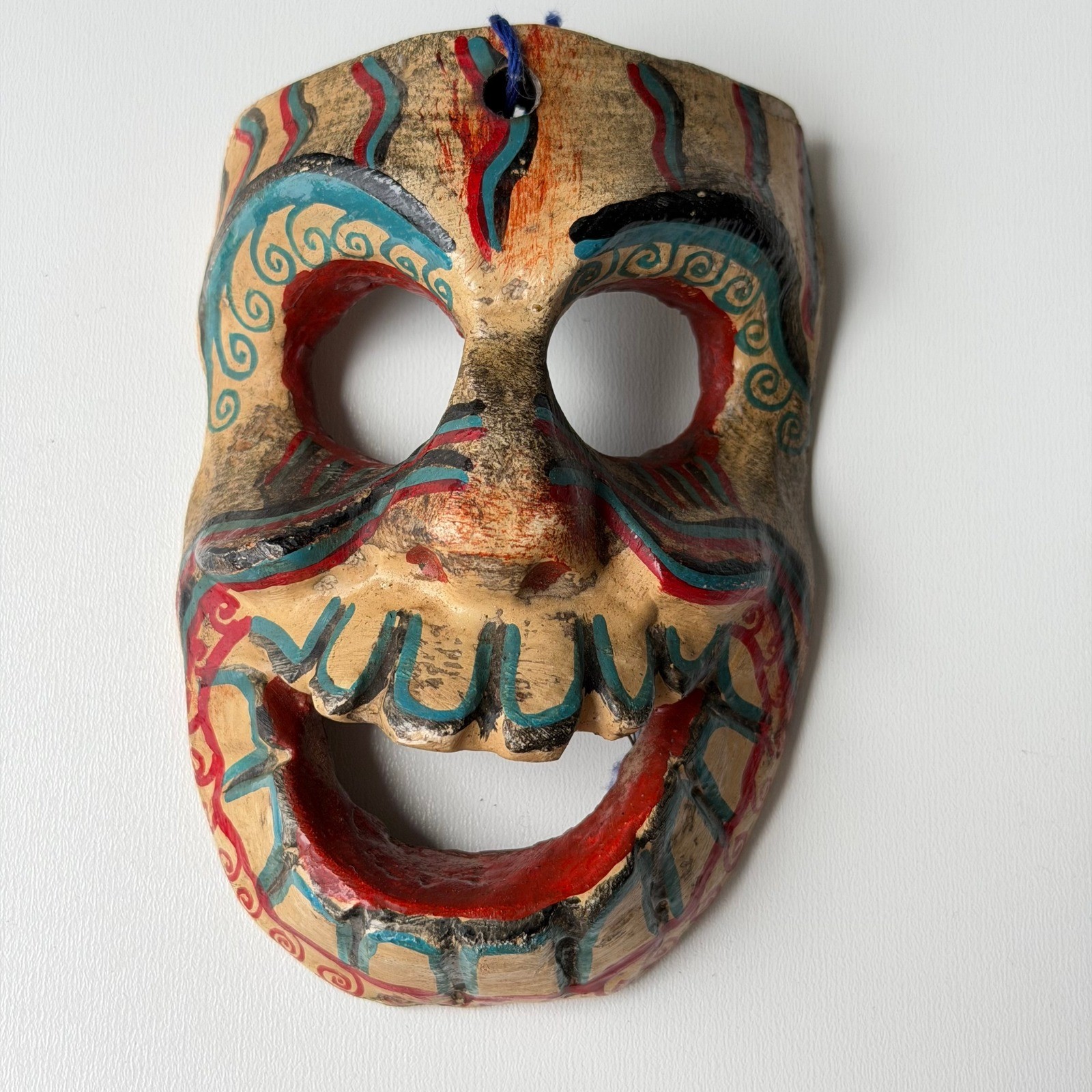 Vintage Hand Painted Wooden Skull Mask Folk Art Decor Tribal