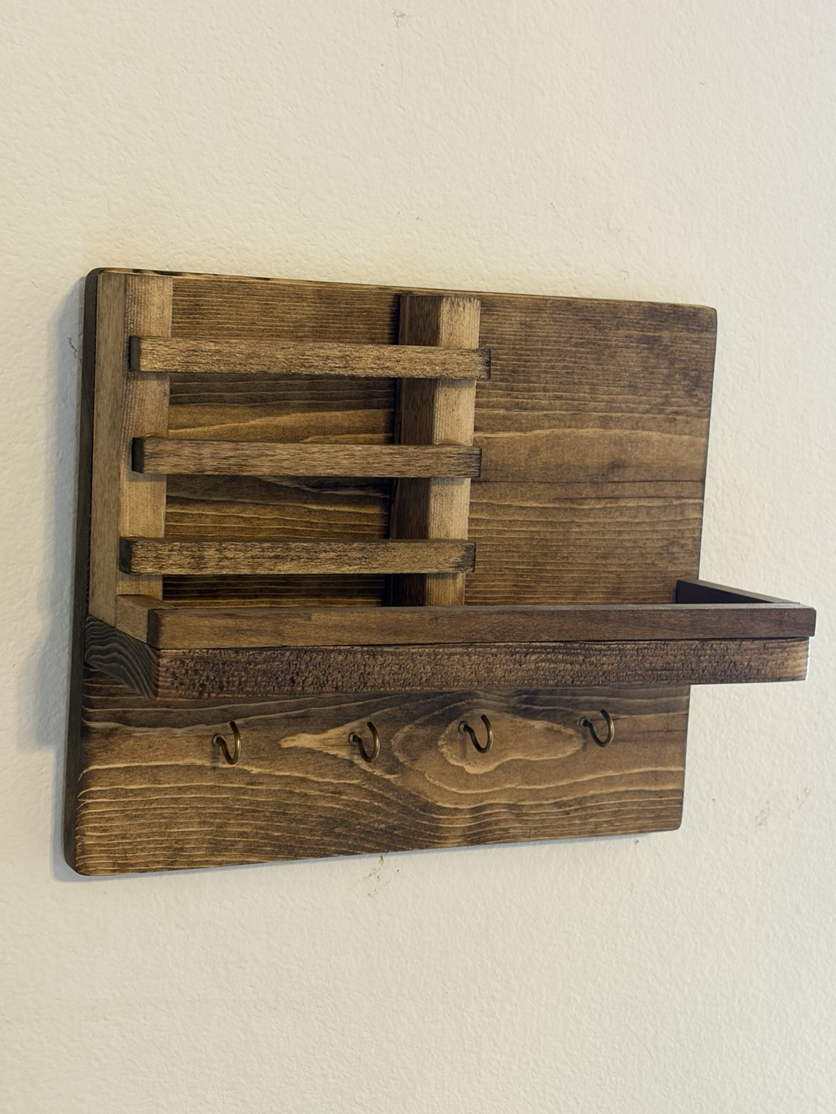 Rustic Wood Wall Hanging 4 Metal Key And Mail Holder 11 1/2 X 9 1/2 Inch
