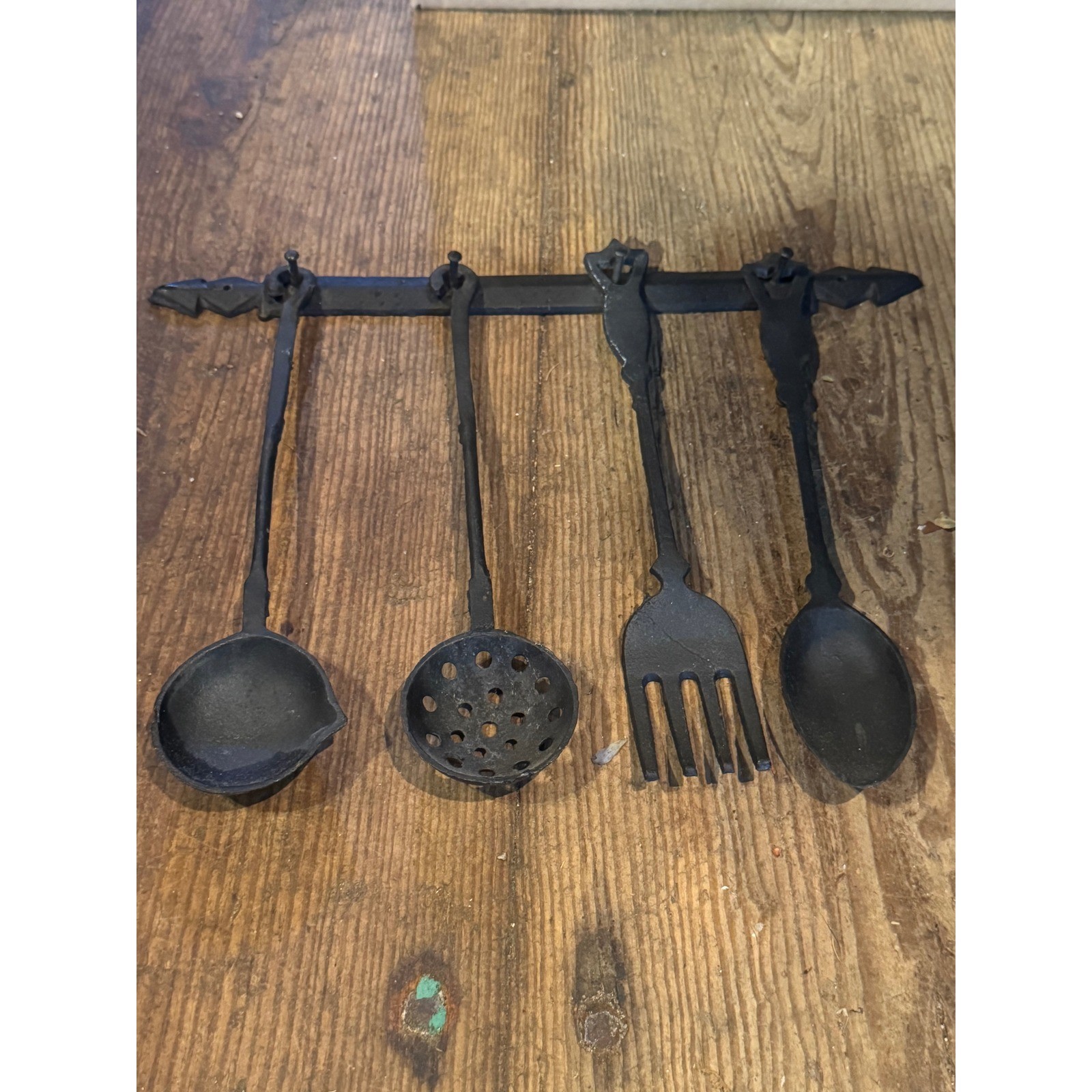 Vintage Hand Forged Wrought Iron Kitchen Utensil Set Wall Hanging Rack 5 Piece