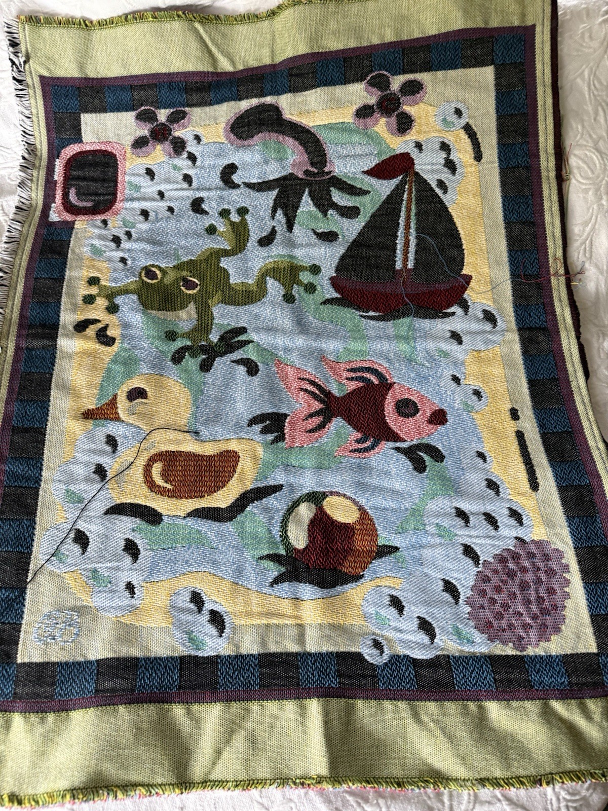Vtg 90&rsquo;s Folk Art Wall Tapestry Throw Nursery Blanket Frog Duck Sailboat Fish