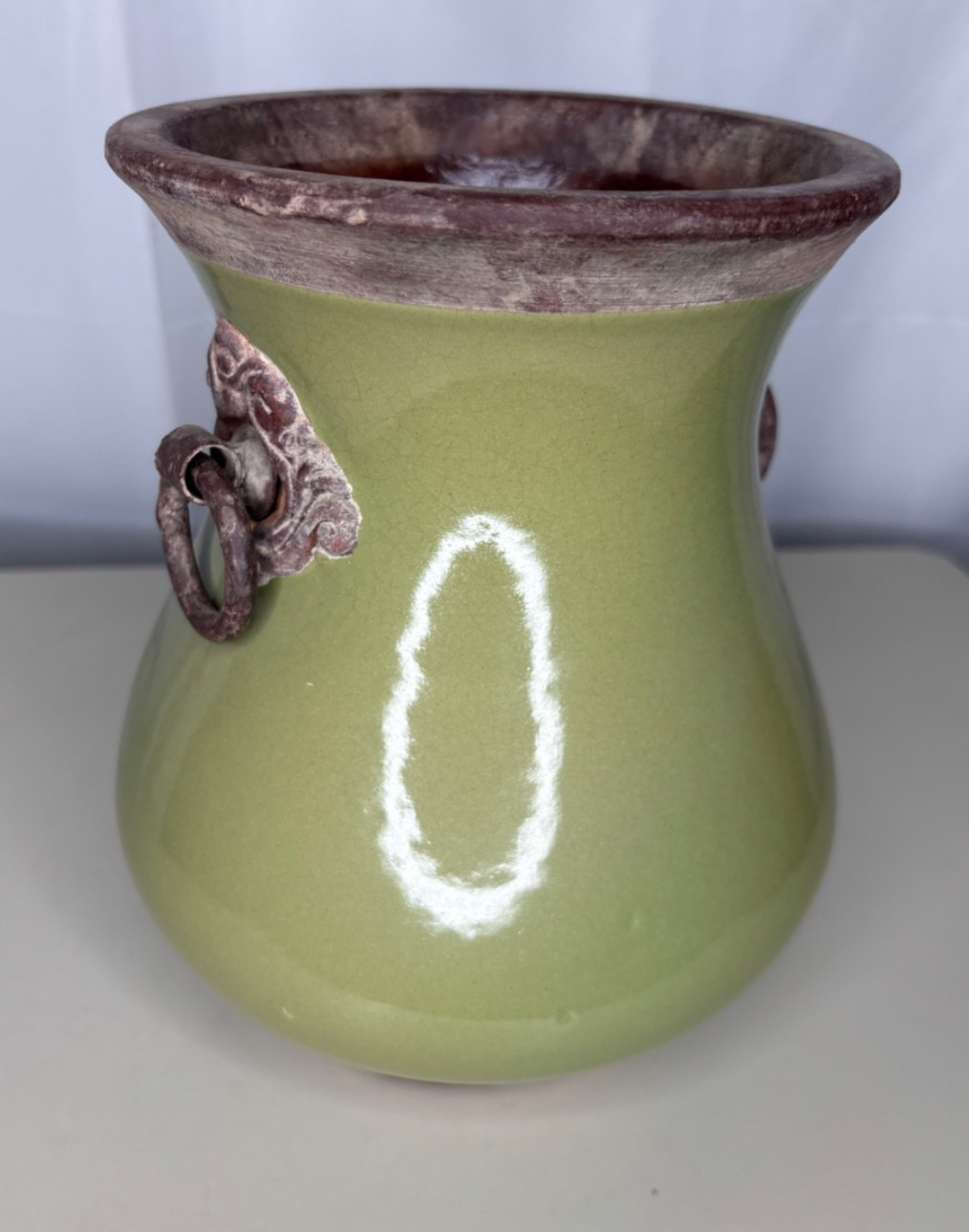 Pottery Barn Vase Jug Urn Terracotta Green Iron Rings Heavy