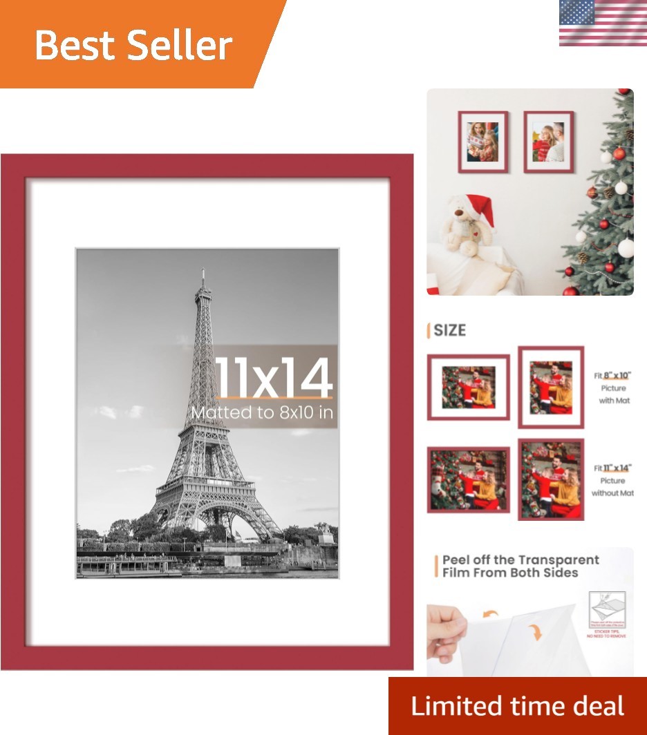 Classic Red 11×14 Frame – Perfect for 8×10 with Mat or Without, Easy Wall Mount