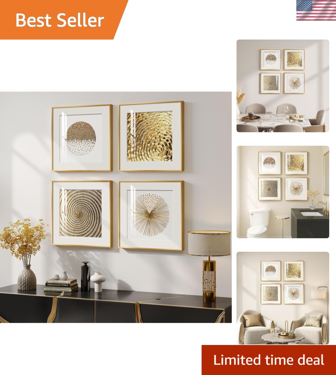 Framed Minimalist Gold & White Wall Art Set – 4 Canvas Prints for Any Room