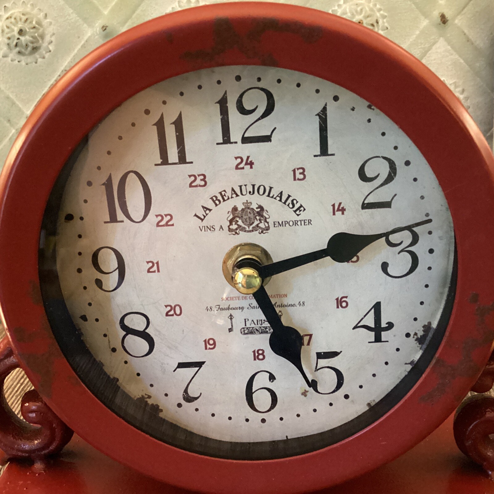 Red Vintage Archaic Look Décor Clock tested Paris France La Beaujolais Shabby