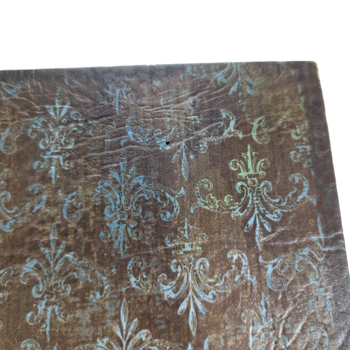 Faux Book Storage Box Secret Brown Leather Look Blue Filigree Magnet Close Lined