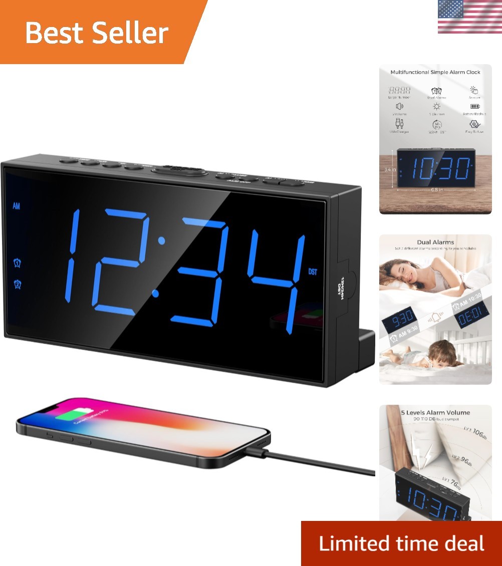 User-Friendly Dual Alarm Clock with Snooze & USB Charger – Perfect for All Ages