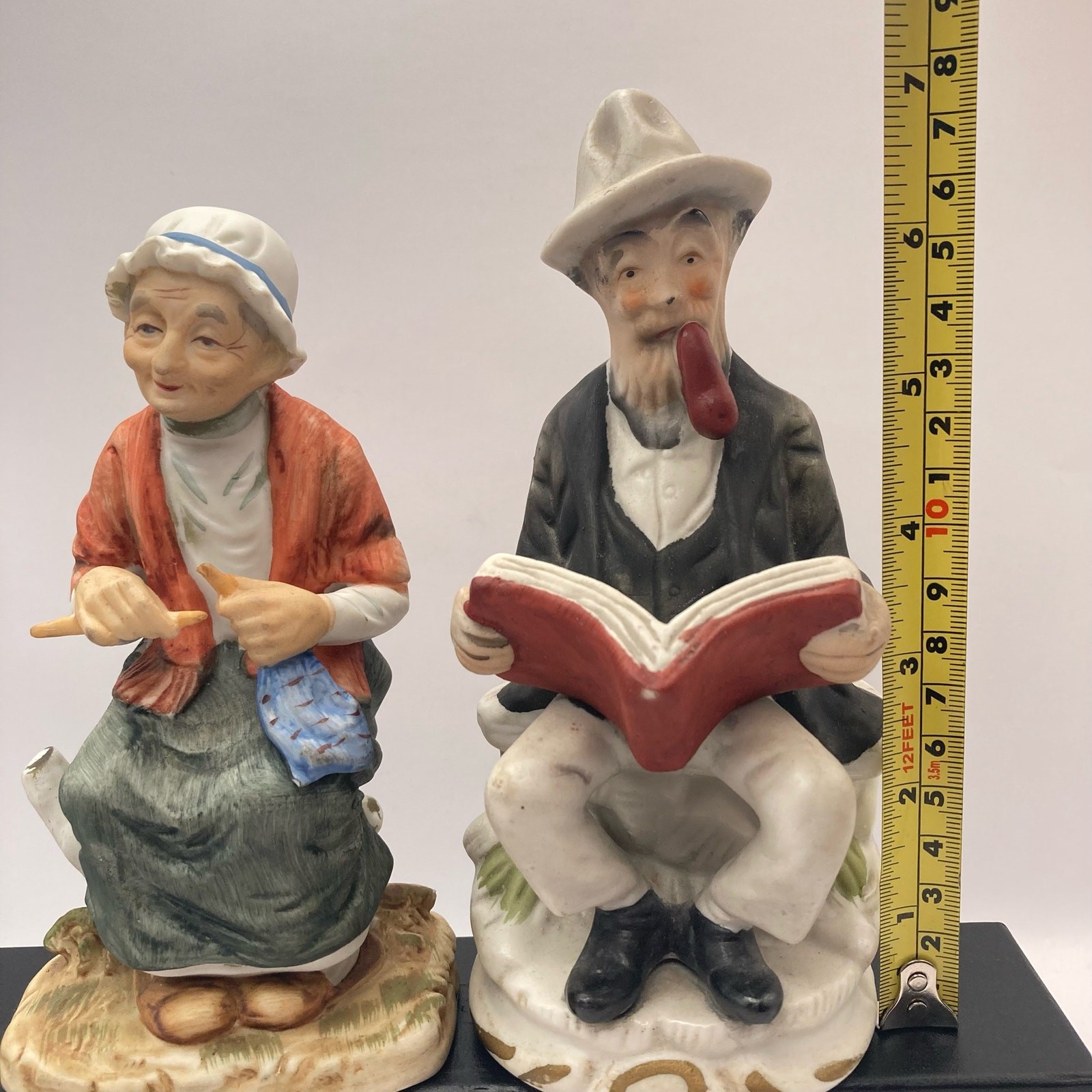Vintage Ceramic Figurines Couple Reading Book and Knitting-One Branded Japan