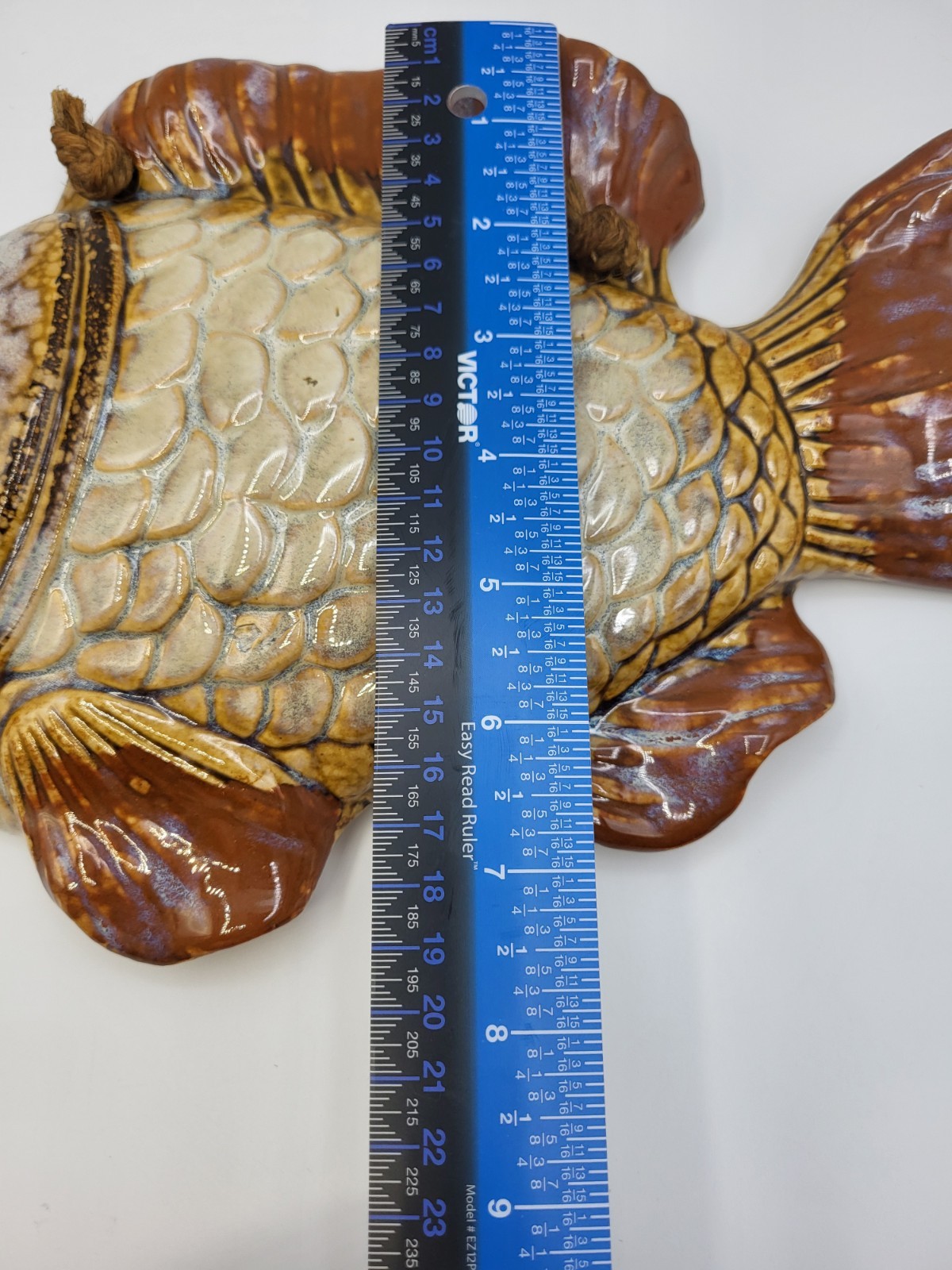 VTG. Glazed Ceramic Pottery Fish Wall Hanging Plaque 12&Prime; Pre-Treaded Cord Browns