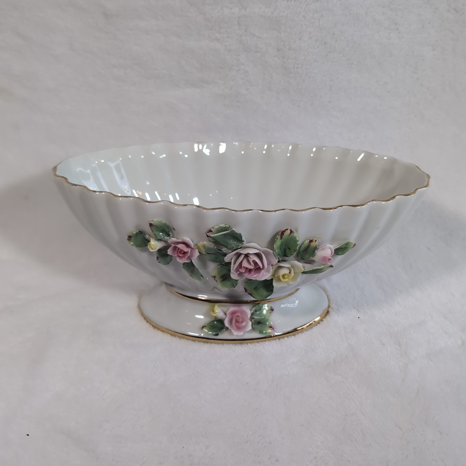 Vtg Lefton? Footed Candy Bowl Scallop Hand Painted Applied Roses Gold Trim Japan