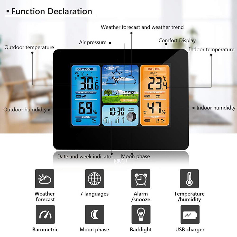 Wireless Indoor & Outdoor Weather Station Clock Calendar Digital LCD Thermometer