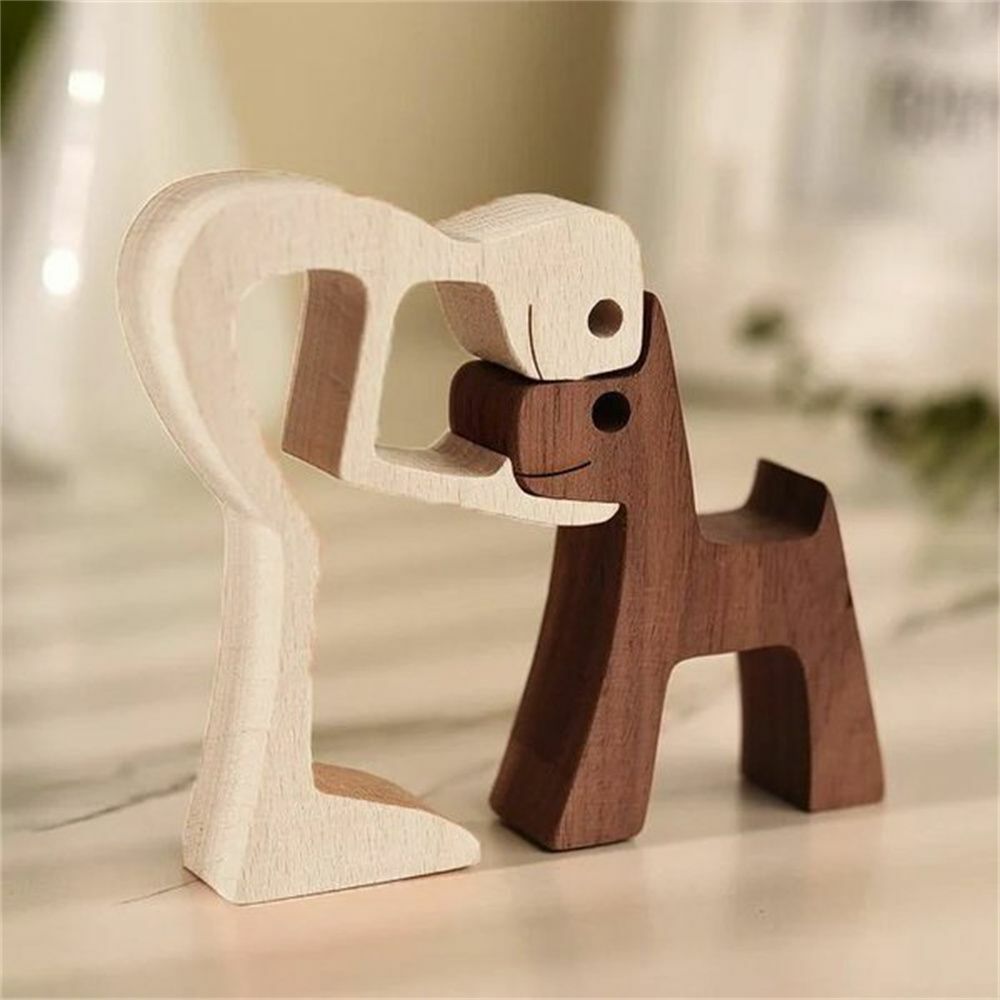 Handmade Wooden Statue, Sitting Woman and Dog Wood Decoration Craft Figurine