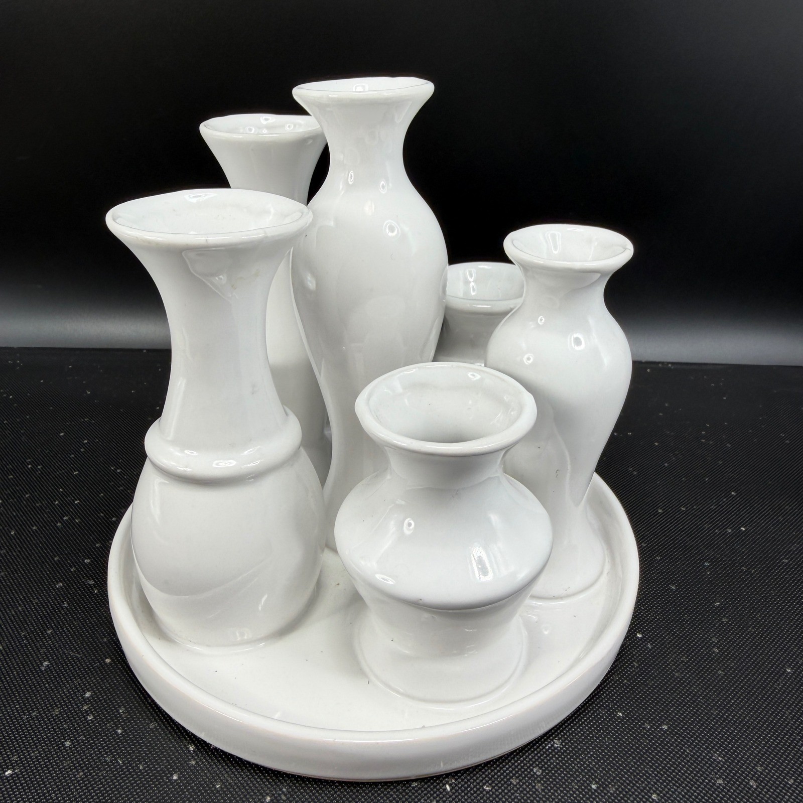 White Ceramic Multi Bud Vase Cluster 6 Opening Attached Floral Centerpiece 6in