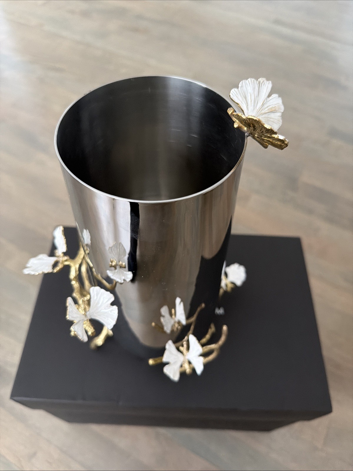 Michael Aram Ginkgo Collection Stainless Steel Wine Cooler / Vase Gold Branch