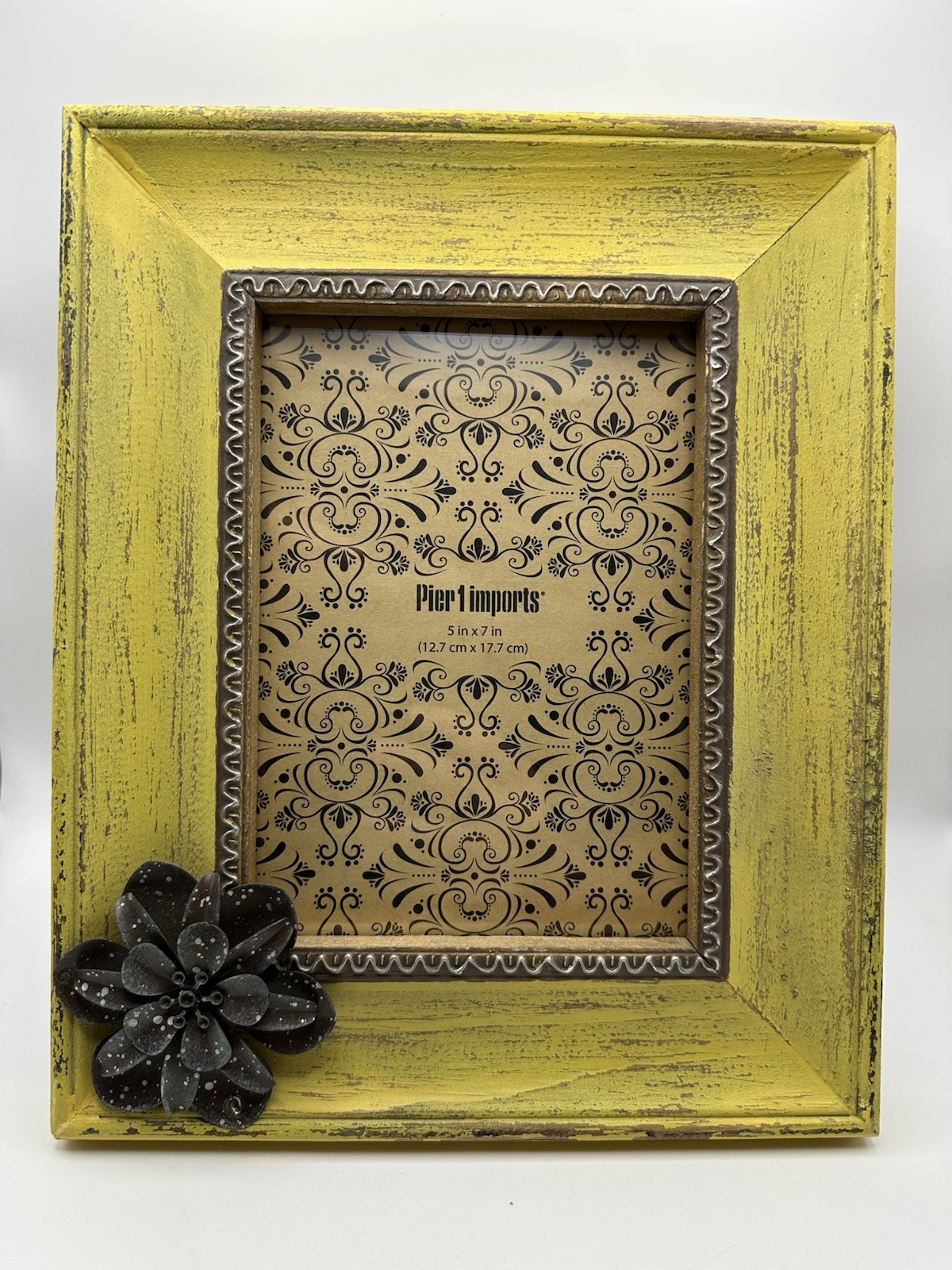 Pier 1 Imports Picture Frame Wood Yellow Distressed Flower Fits 5×7 Cottagecore