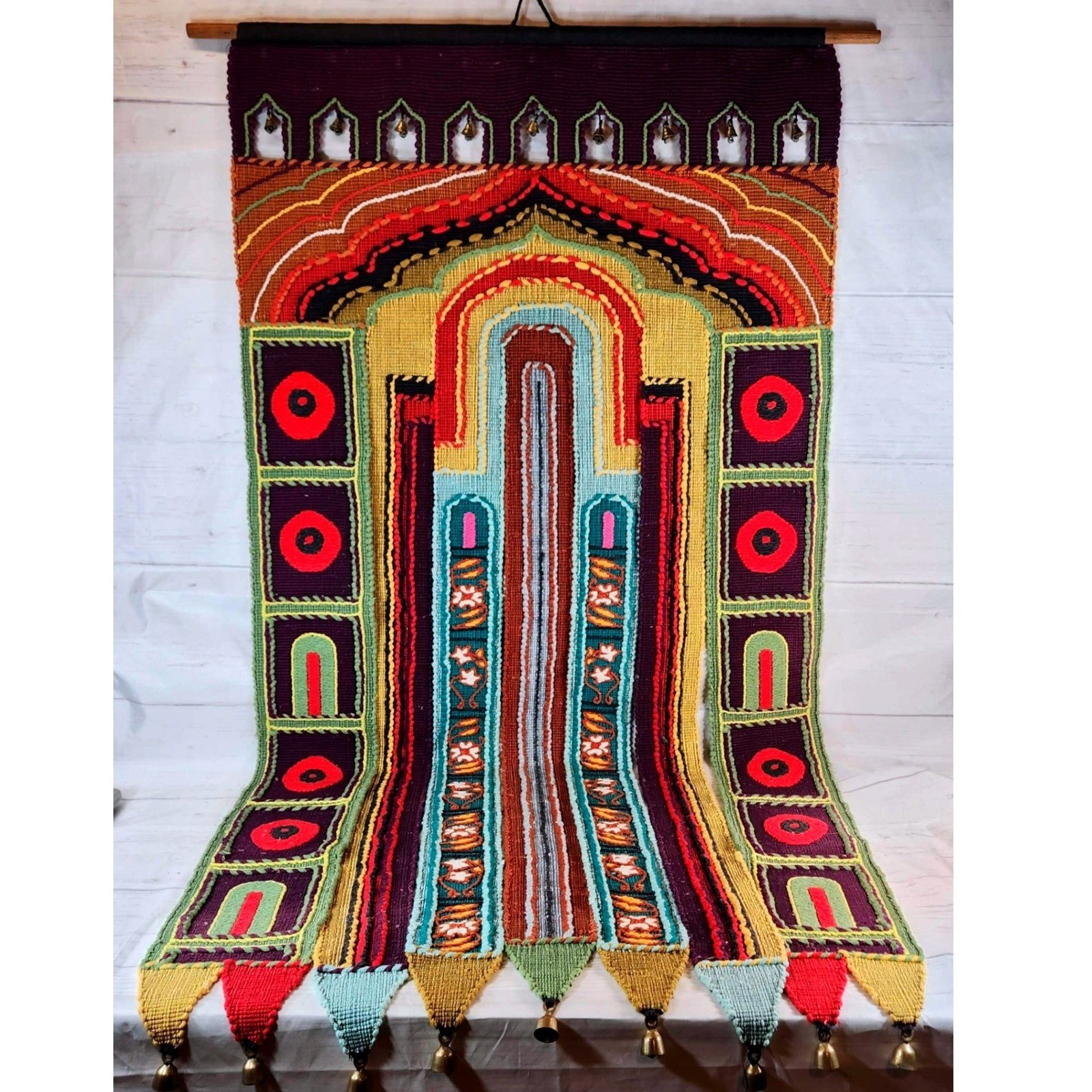 Wall Hanging Multicolor Woven Textile Bell Detail Bohemian