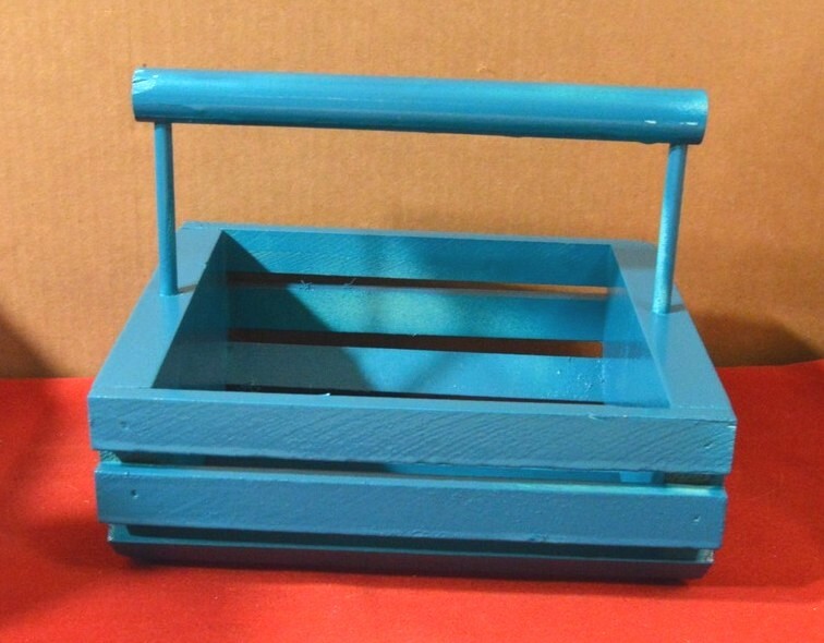 Wood Basket With Handle Blue Painted Home Décor ~8&Prime; l x 6-7/8&Prime; w x 6-1/2&Prime; t