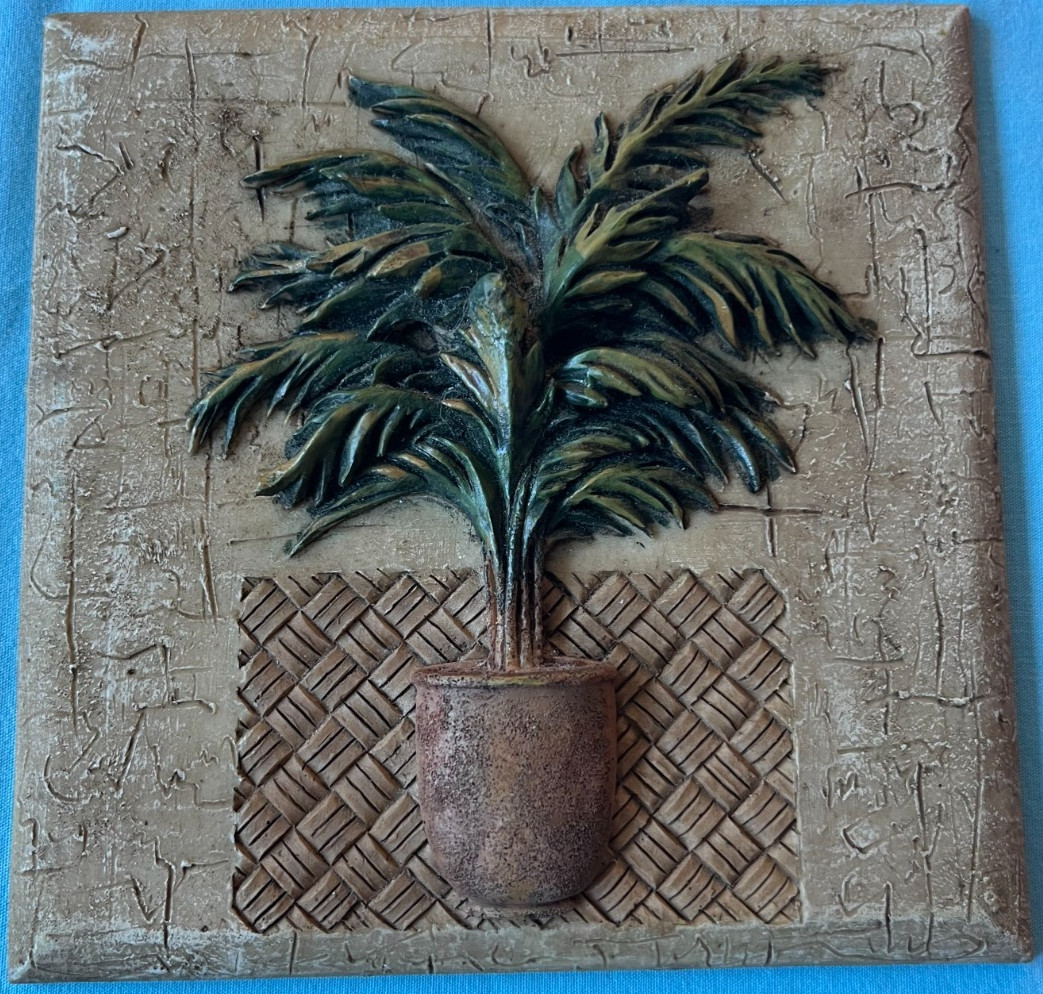 Potted Palm in Vase 3D Effect 5&Prime;x5&Prime; Painted Plaster Plaque Artwork
