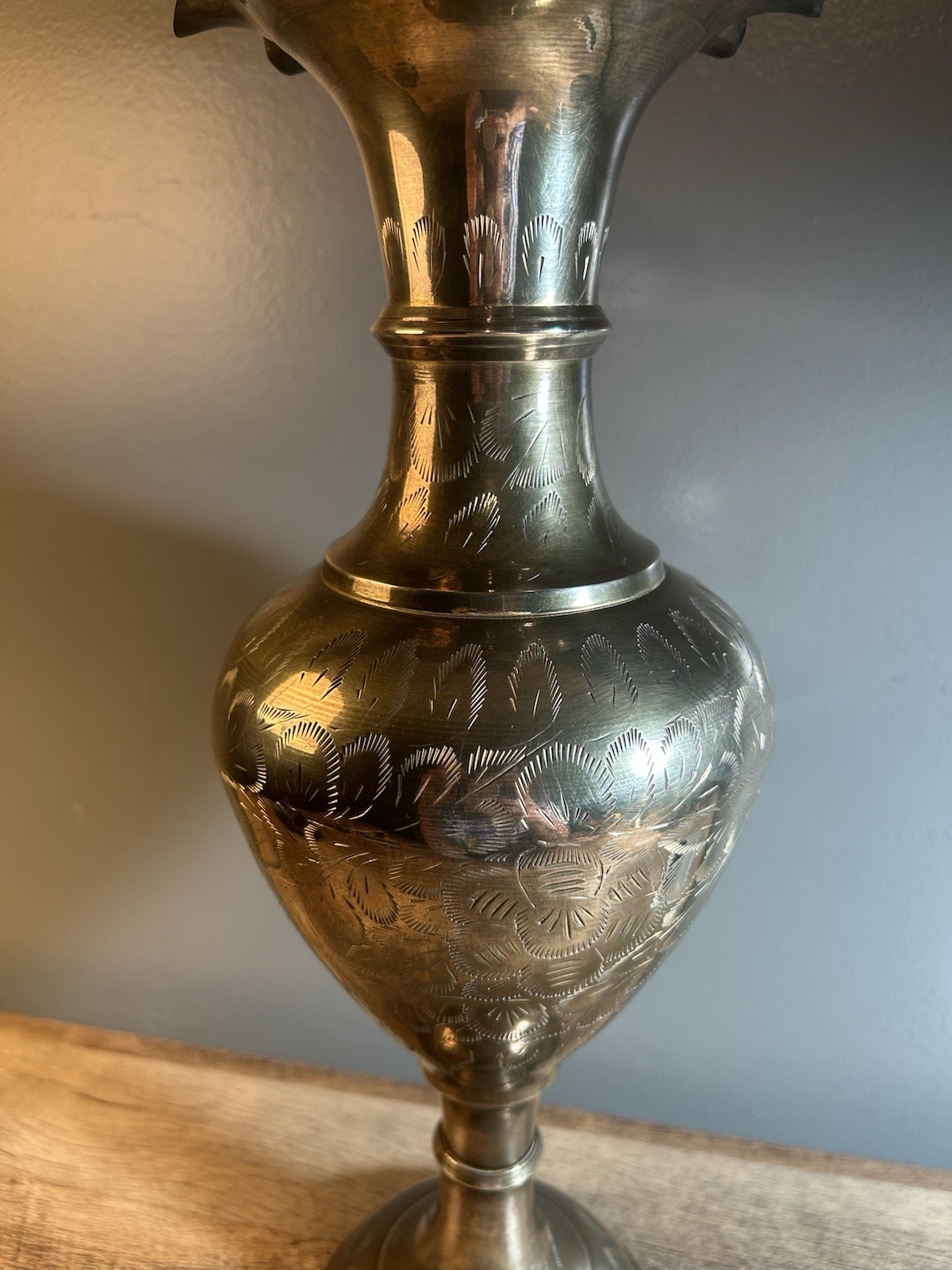 Solid Brass Ornate Large Vase or Urn, 1960&rsquo;s India, Fluted Rim
