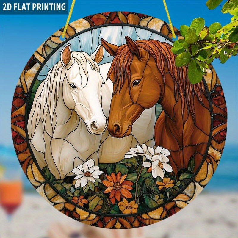 Loving Pair White And Chestnut Horses Wild Floral Round Acrylic Suncatcher Decor
