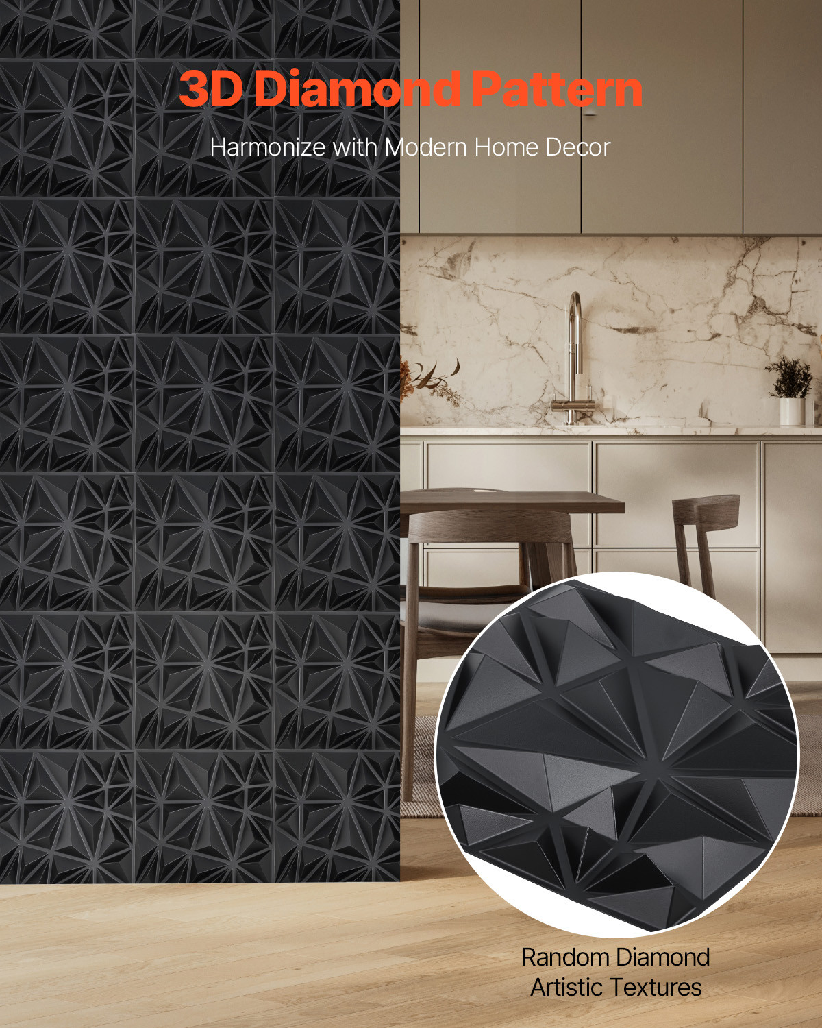 3D Wall Panels 33-Pack 11.81 x 11.81 » PVC 32 Sq.Ft Coverage Diamond Matte Black