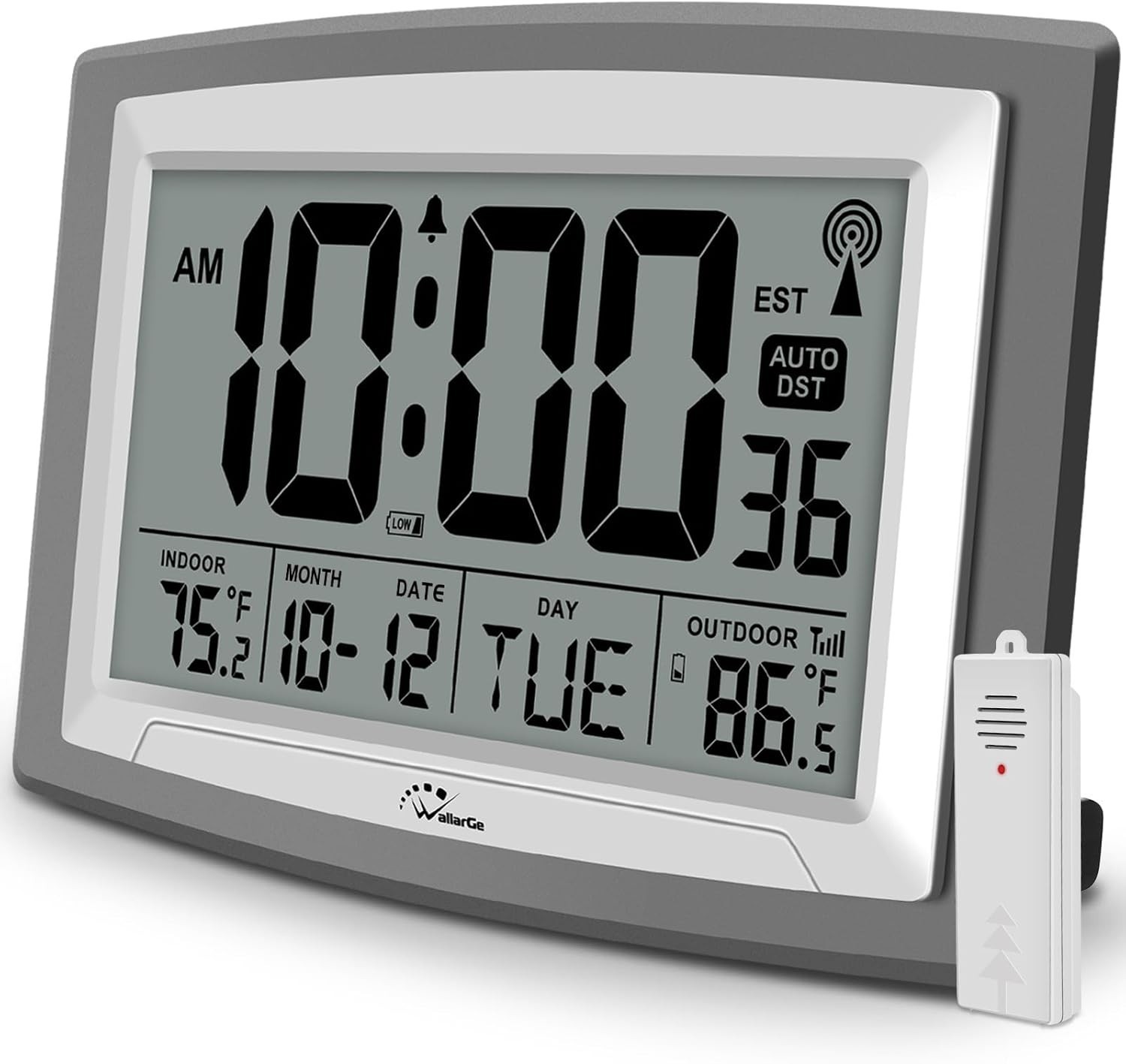 WallarGe Atomic Clock with Outdoor and Indoor Temperature – 12.5 Inch Self-Setti