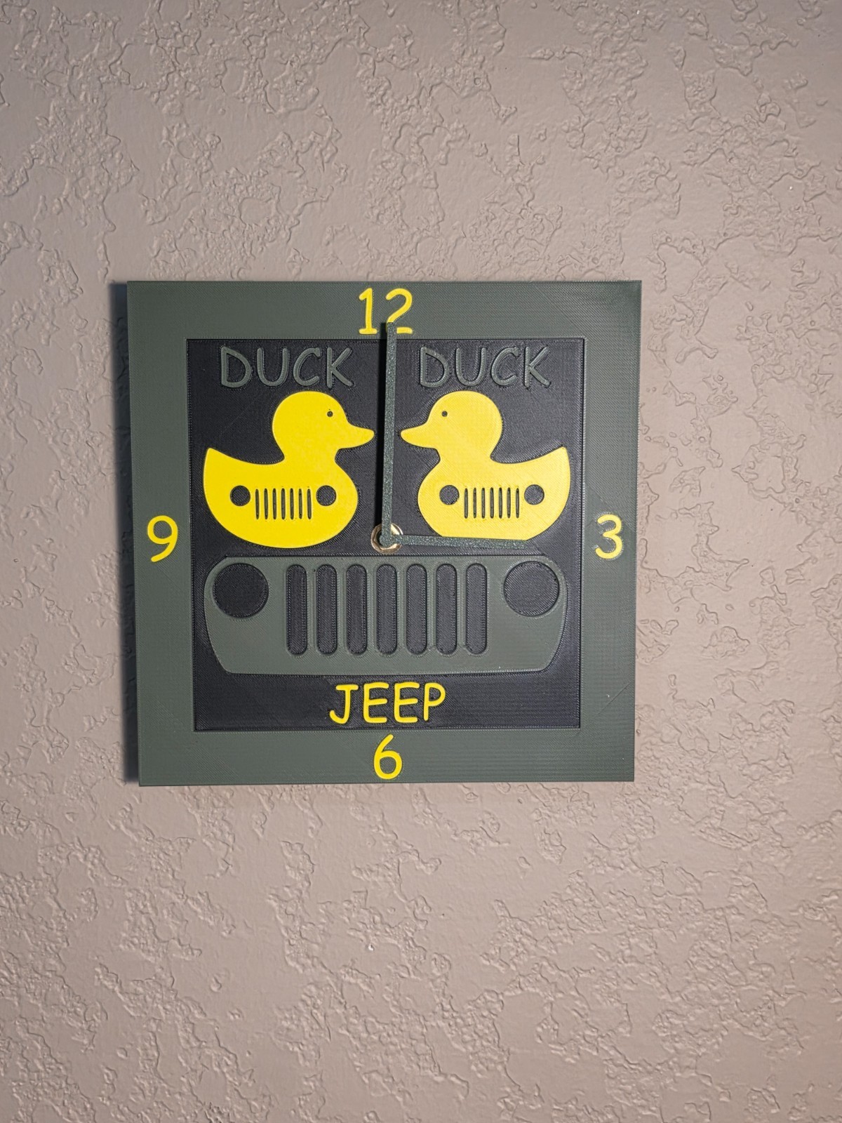 Duck Duck Jeep Wall Clock/Decor 3D Printed Yellow Black Green Original Design