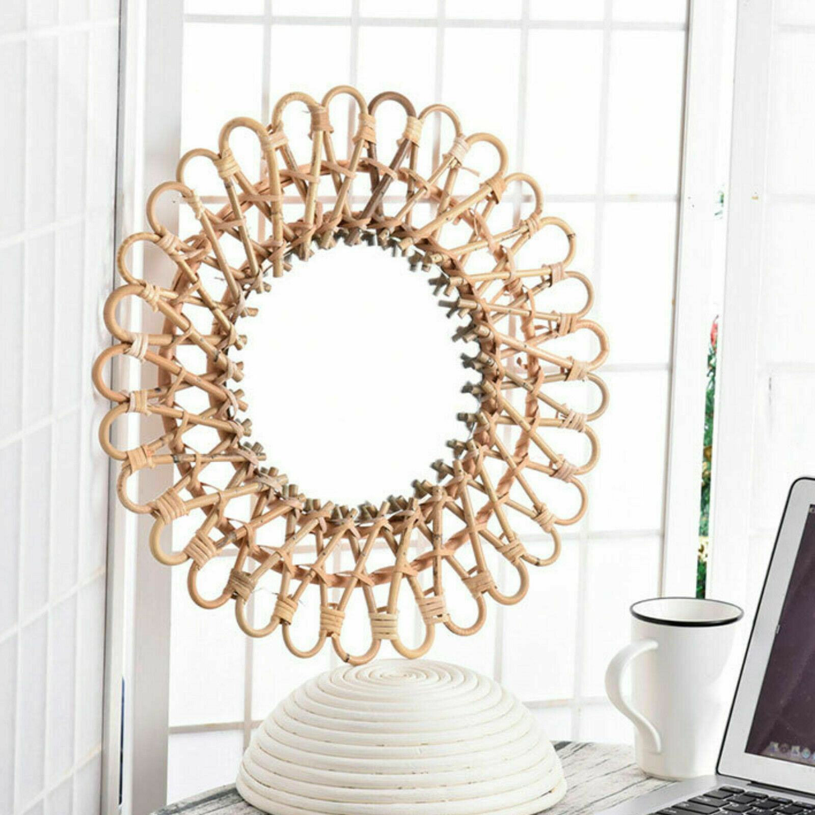 Vintage Handwoven Round Natural Rattan Wall Hanging Mirror For Home Decor