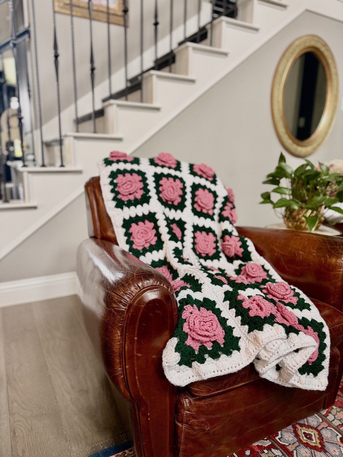 3D Rose Flowers Afghan Blanket Granny Square Crochet Cottage 74”x57”