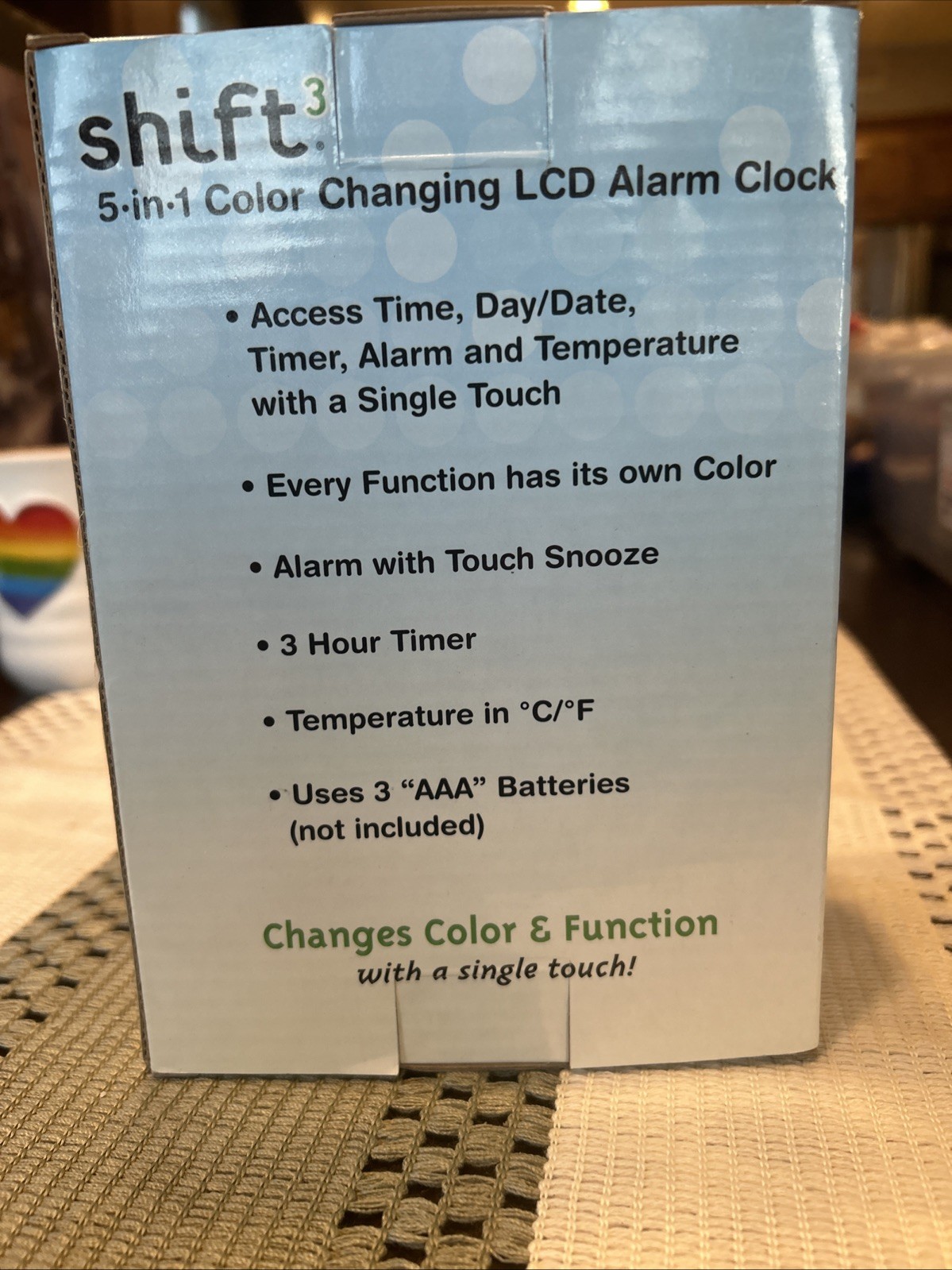 Shift 5 in 1 Color Changing LCD Clock Single Touch Clock Alarm Timer Date Temp.