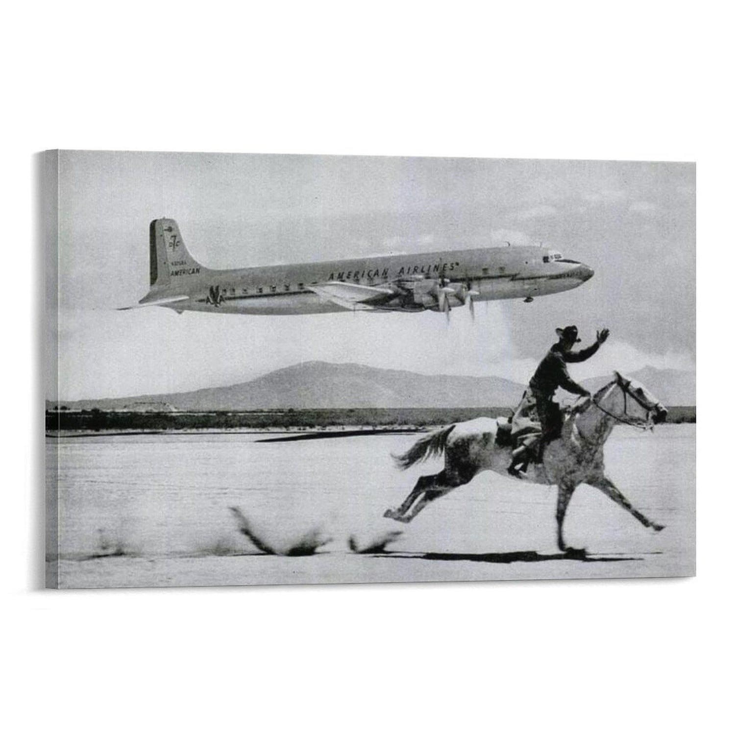 Vintage American Airlines Cowboy & Plane Canvas Print, Black and White Wall Art