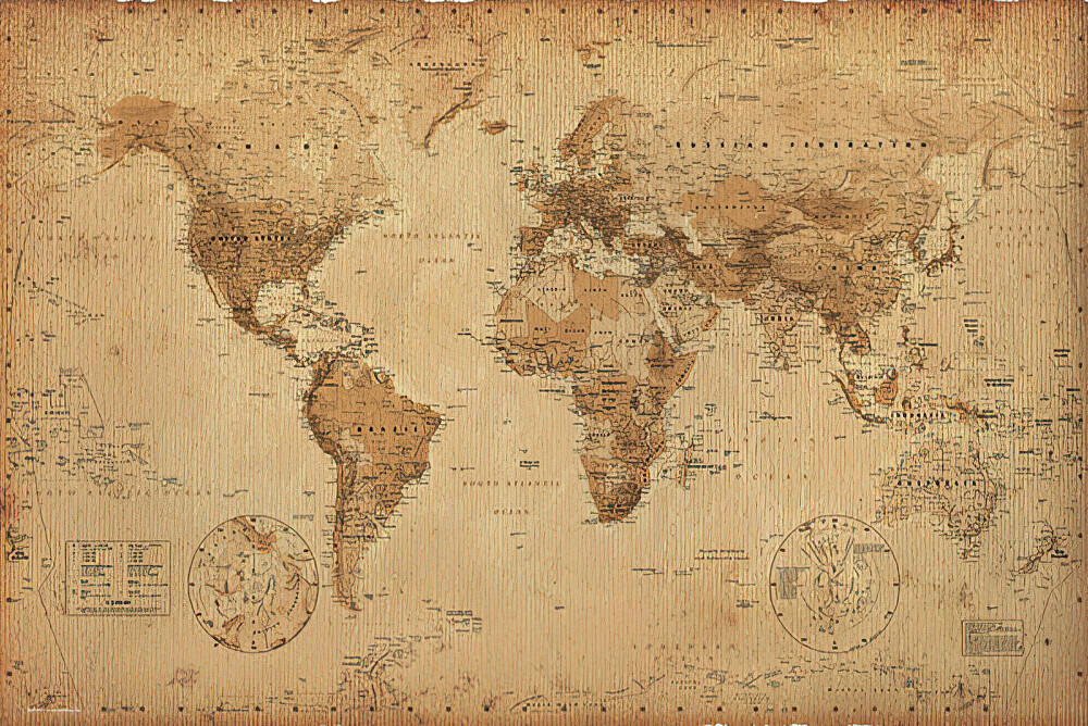 Antique Style World Map – Poster / Print (Size: 36&Prime; X 24&Prime;) (Sepia / Brown)