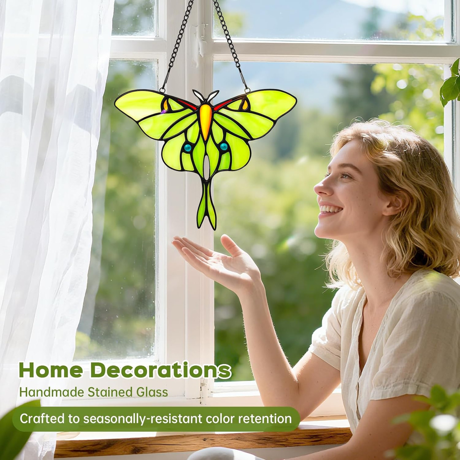 Stained Glass Window Hanging Luna Moth Suncatcher Handmade Glass Butterfly Decor