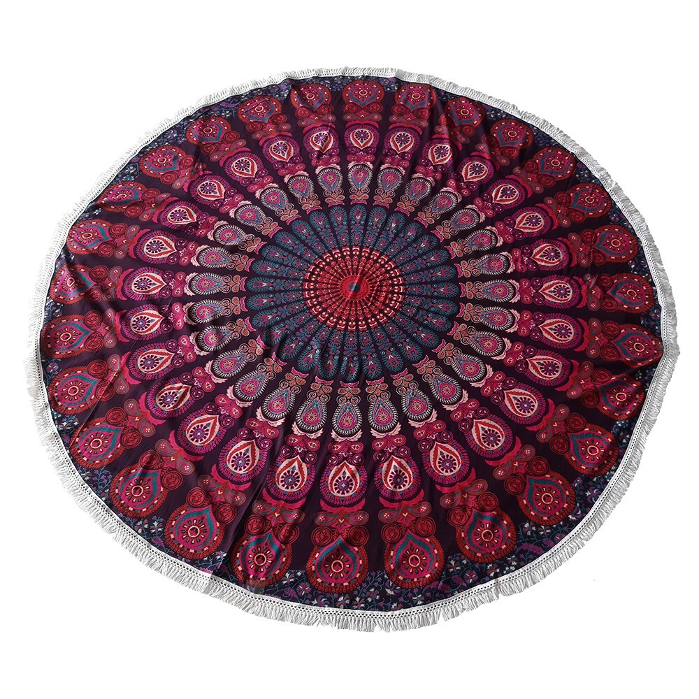 Round Size Pigment Printed Purple & Pink Peacock Mandala Tapestry Wall Hanging