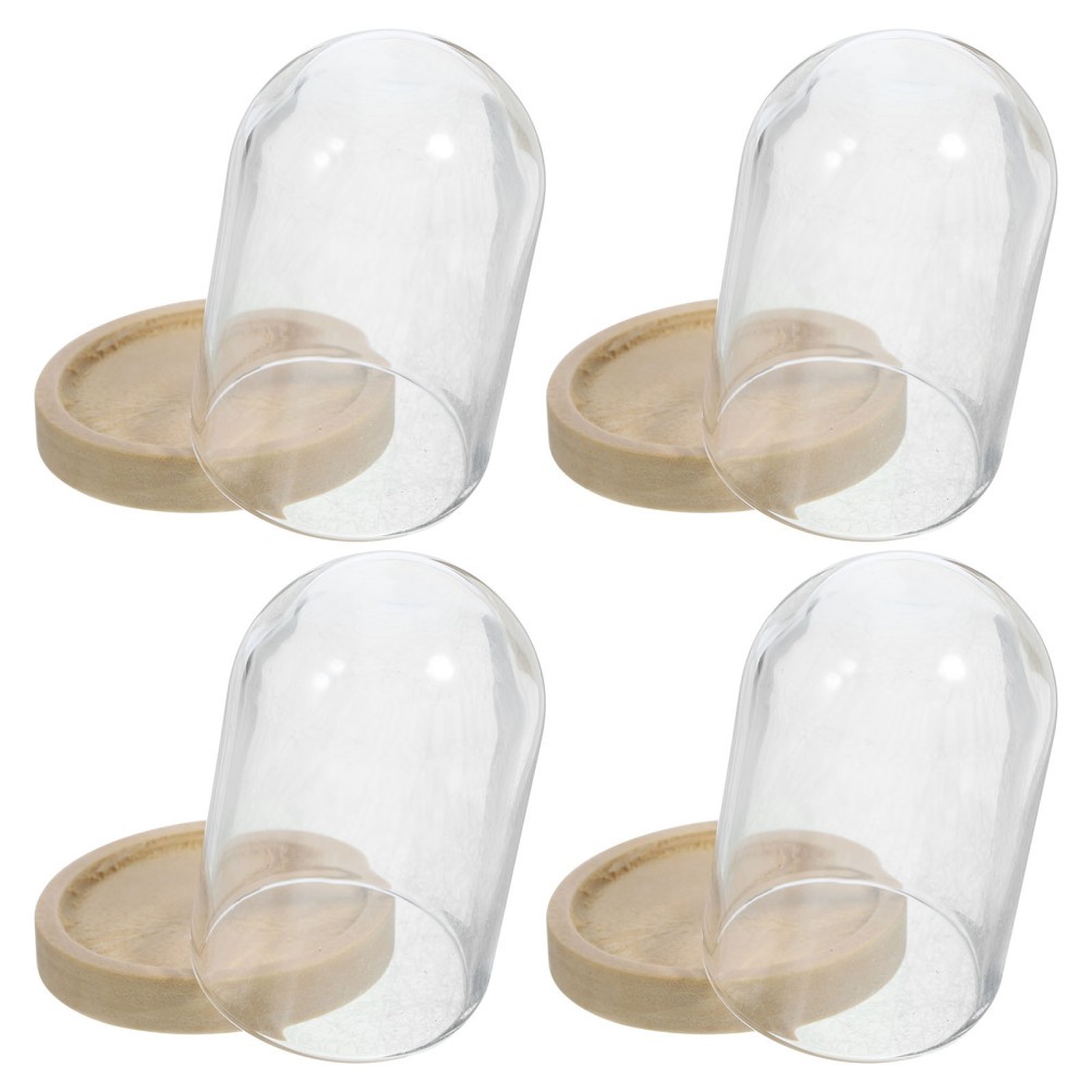 4 Sets Small Glass Display Domes Reusable Cloche with Wood Base for DIY Decor