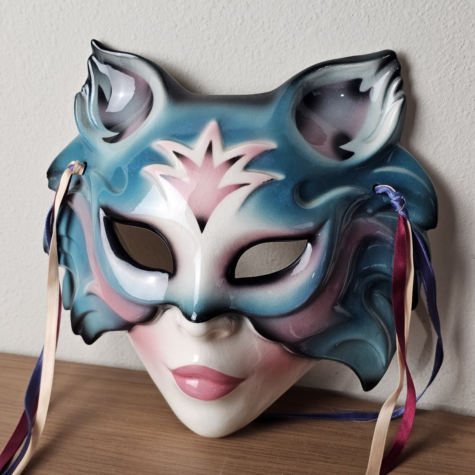 Vintage Hand Painted Porcelain Clay Art Cat Mask Wall Hanging Masquerade Mask
