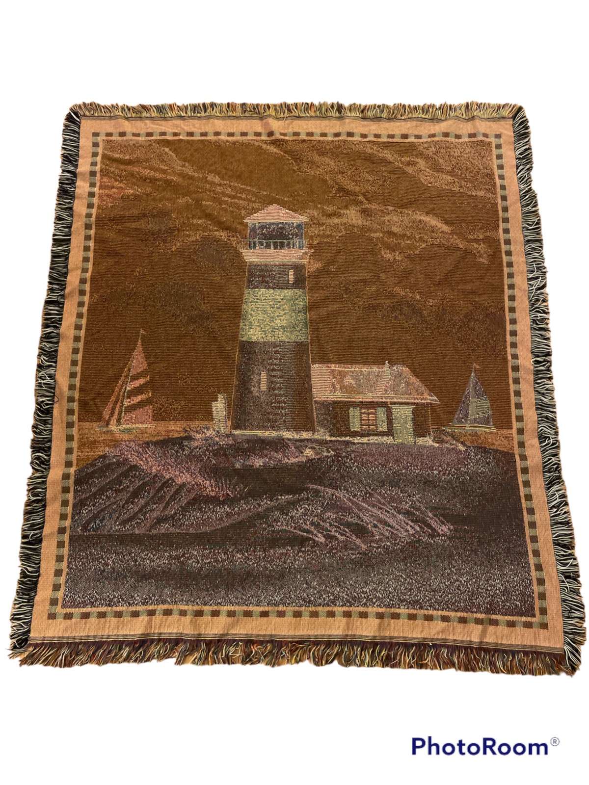 Lighthouse Woven Tapestry Blanket Beach Sailboat Nautical fringe coastal 47&Prime;x54&Prime;